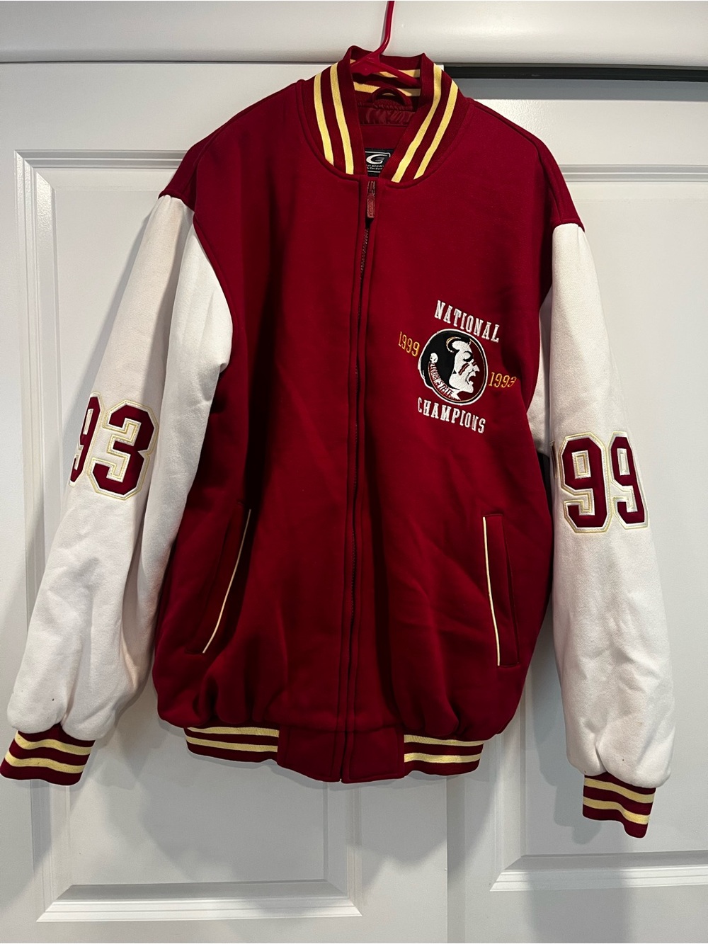 Kids Maroon & White Varsity Jacket - National Champions Design